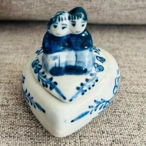 Blue & White Hand Painted 2pc Heart Trinket Box with Sitting Couple on Top